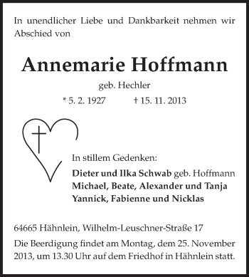 Traueranzeige von Annemarie Hoffmann von Echo-Zeitungen (Gesamtausgabe)