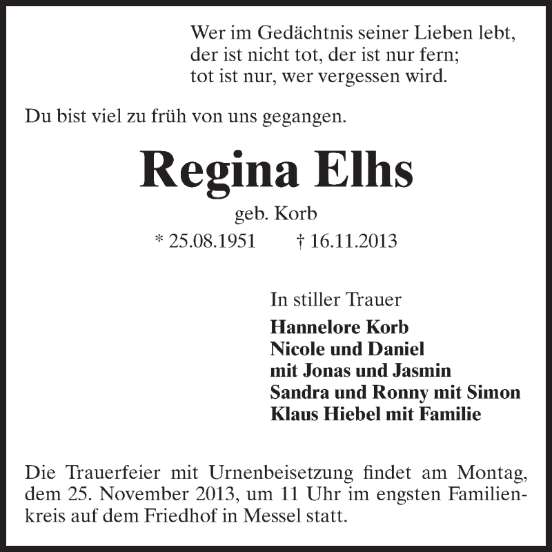  Traueranzeige für Regina Elhs vom 20.11.2013 aus Echo-Zeitungen (Gesamtausgabe)