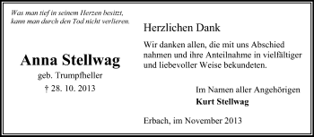 Traueranzeige von Anna Stellwag von Odenwälder Echo