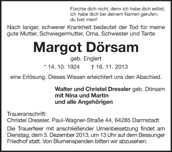 Traueranzeige von Margot Dörsam von Echo-Zeitungen (Gesamtausgabe)