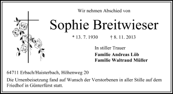 Traueranzeige von Sophie Breitwieser von Odenwälder Echo
