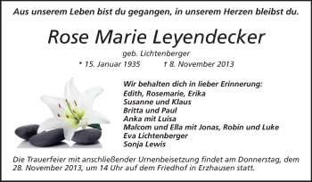 Traueranzeige von Rose Marie Leyendecker von Echo-Zeitungen (Gesamtausgabe)