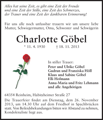Traueranzeige von Charlotte Göbel von Echo-Zeitungen (Gesamtausgabe)