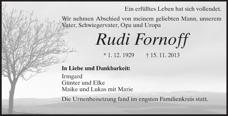  Traueranzeige für Rudi Fornoff vom 23.11.2013 aus Echo-Zeitungen (Gesamtausgabe)