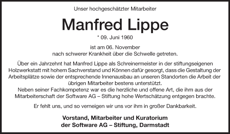  Traueranzeige für Manfred Lippe vom 20.11.2013 aus Echo-Zeitungen (Gesamtausgabe)