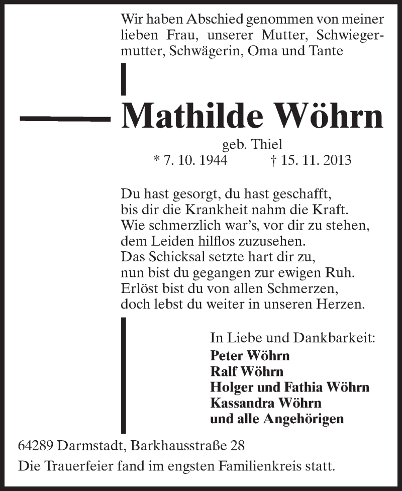  Traueranzeige für Mathilde Wöhrn vom 23.11.2013 aus Echo-Zeitungen (Gesamtausgabe)