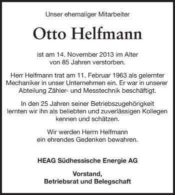 Traueranzeige von Otto Helfmann von Echo-Zeitungen (Gesamtausgabe)