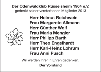 Traueranzeige von Der Odenwaldklub Rüsselsheim 1904 eV gedenkt von Rüsselsheimer Echo, Groß-Gerauer-Echo, Ried Echo