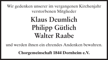 Traueranzeige von Chorgemeinschaft 1844 Dornheim eV gedenkt von Rüsselsheimer Echo, Groß-Gerauer-Echo, Ried Echo