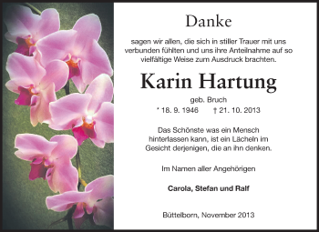 Traueranzeige von Karin Hartung von Rüsselsheimer Echo, Groß-Gerauer-Echo, Ried Echo