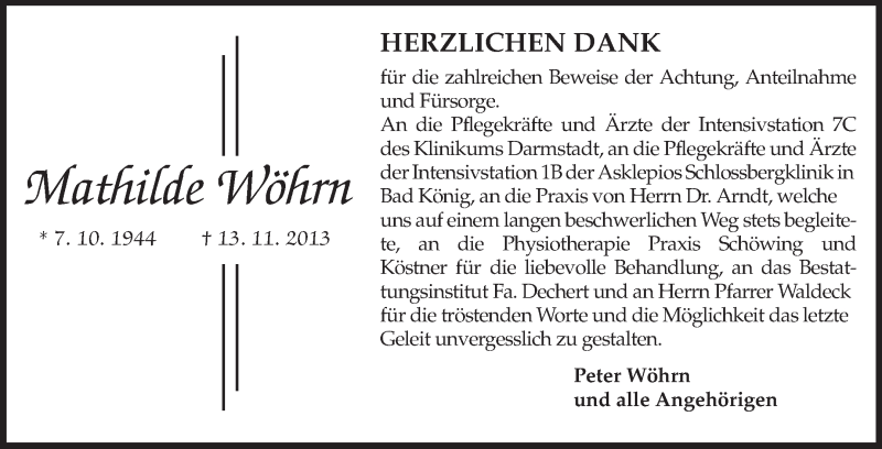  Traueranzeige für Mathilde Wöhrn vom 07.12.2013 aus Echo-Zeitungen (Gesamtausgabe)