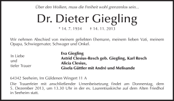 Traueranzeige von Dieter Giegling von Echo-Zeitungen (Gesamtausgabe)