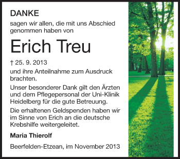 Traueranzeige von Erich Treu von Odenwälder Echo