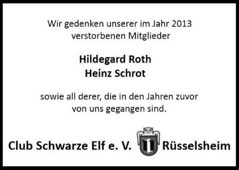  Traueranzeige für Club Schwarze Elf eV Rüsselseheim gedenkt vom 23.11.2013 aus Rüsselsheimer Echo, Groß-Gerauer-Echo, Ried Echo