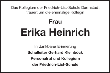 Traueranzeige von Erika Heinrich von Echo-Zeitungen (Gesamtausgabe)