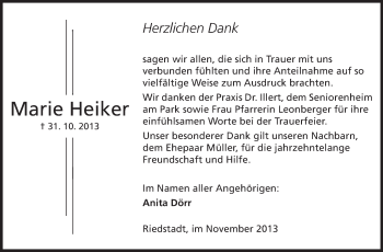 Traueranzeige von Marie Heiker von Rüsselsheimer Echo, Groß-Gerauer-Echo, Ried Echo