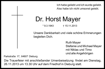 Traueranzeige von Horst Mayer von Echo-Zeitungen (Gesamtausgabe)