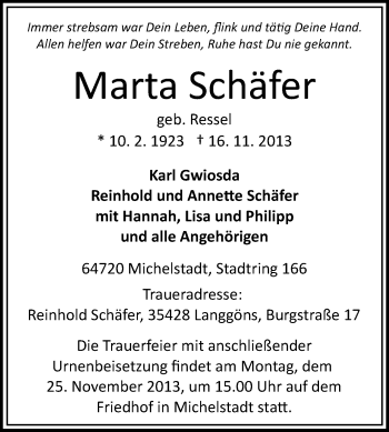 Traueranzeige von Marta Schäfer von Odenwälder Echo