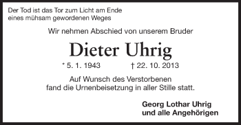 Traueranzeige von Dieter Uhrig von Echo-Zeitungen (Gesamtausgabe)