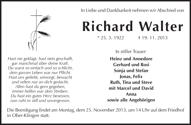  Traueranzeige für Richard Walter vom 23.11.2013 aus Echo-Zeitungen (Gesamtausgabe)