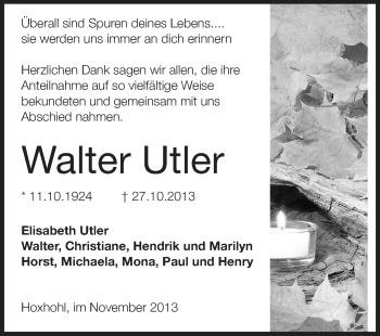 Traueranzeige von Walter Utler von Echo-Zeitungen (Gesamtausgabe)