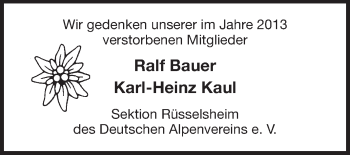 Traueranzeige von Sektion Rüsselsheim des Deutschen Alpenvereins ev gedenken von Rüsselsheimer Echo, Groß-Gerauer-Echo, Ried Echo