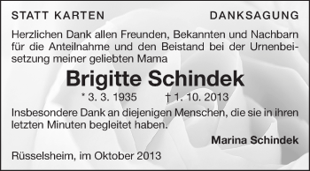 Traueranzeige von Brigitte Schindek von Rüsselsheimer Echo, Groß-Gerauer-Echo, Ried Echo