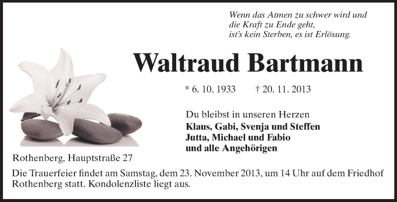  Traueranzeige für Waltraud Bartmann vom 22.11.2013 aus Odenwälder Echo