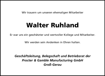 Traueranzeige von Walter Ruhland von Rüsselsheimer Echo, Groß-Gerauer-Echo, Ried Echo
