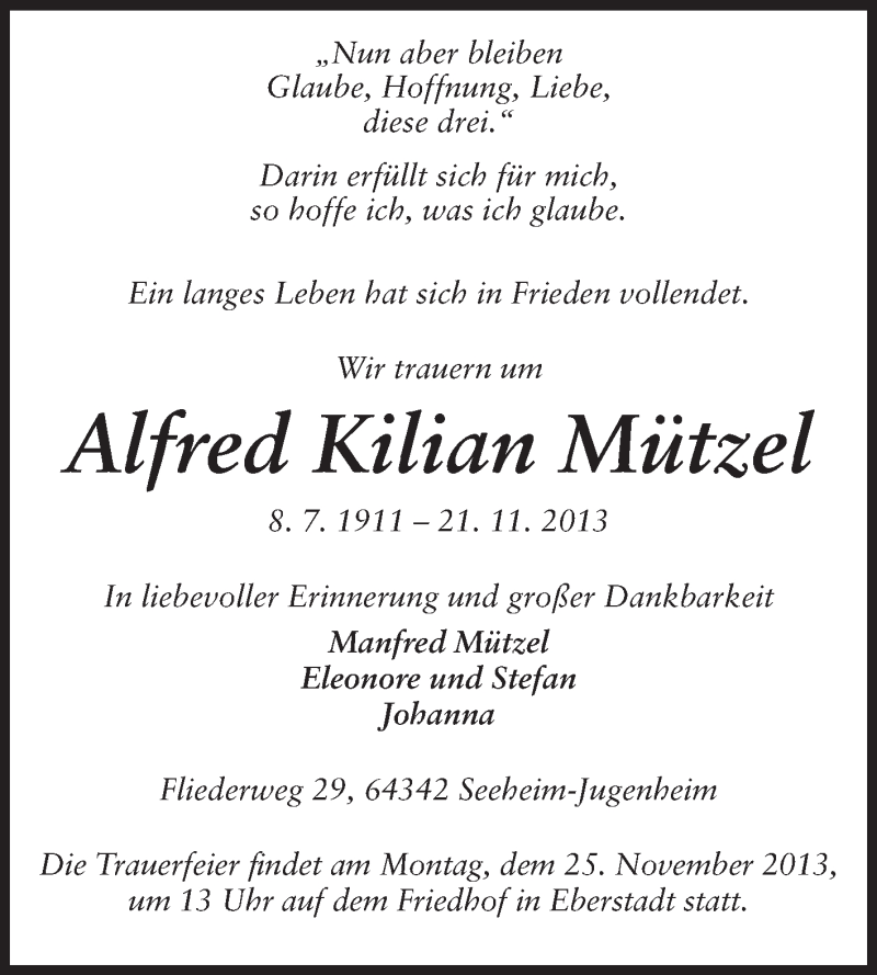  Traueranzeige für Alfred Kilian Mützel vom 23.11.2013 aus Echo-Zeitungen (Gesamtausgabe)