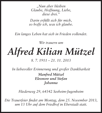 Traueranzeige von Alfred Kilian Mützel von Echo-Zeitungen (Gesamtausgabe)