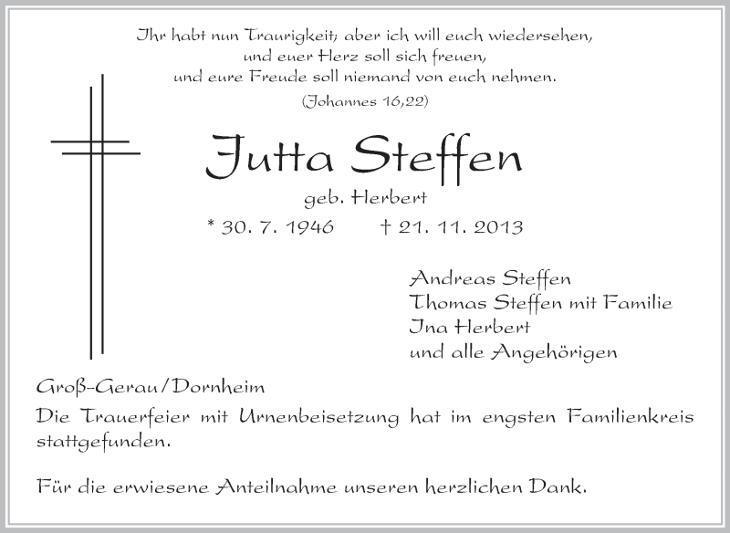  Traueranzeige für Jutta Steffen vom 03.12.2013 aus Rüsselsheimer Echo, Groß-Gerauer-Echo, Ried Echo