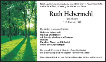 Traueranzeige von Ruth Hebermehl von Echo-Zeitungen (Gesamtausgabe)