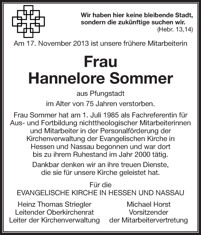  Traueranzeige für Hannelore Sommer vom 27.11.2013 aus Echo-Zeitungen (Gesamtausgabe)
