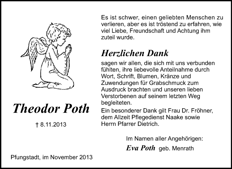  Traueranzeige für Theodor Poth  vom 23.11.2013 aus Echo-Zeitungen (Gesamtausgabe)