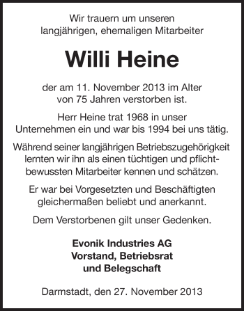 Traueranzeige von Willi Heine von Echo-Zeitungen (Gesamtausgabe)