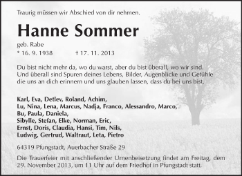 Traueranzeige von Hanne Sommer von Echo-Zeitungen (Gesamtausgabe)
