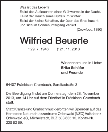 Traueranzeige von Wilfried Beuerle von Echo-Zeitungen (Gesamtausgabe)