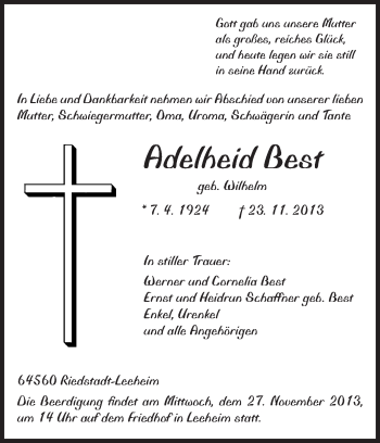 Traueranzeige von Adelheid Best von Rüsselsheimer Echo, Groß-Gerauer-Echo, Ried Echo