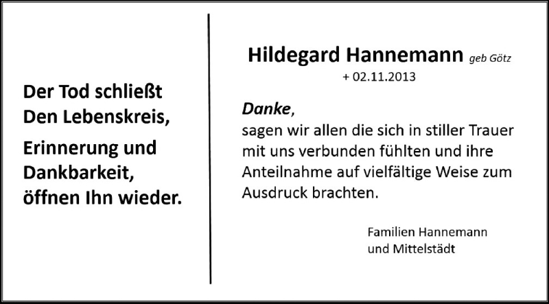  Traueranzeige für Hildegard Hannemann vom 27.11.2013 aus Rüsselsheimer Echo, Groß-Gerauer-Echo, Ried Echo