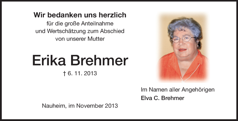  Traueranzeige für Erika Brehmer vom 30.11.2013 aus Rüsselsheimer Echo, Groß-Gerauer-Echo, Ried Echo