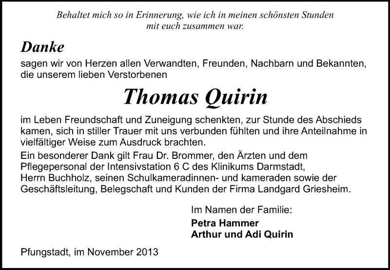  Traueranzeige für Thomas Quirin vom 30.11.2013 aus Echo-Zeitungen (Gesamtausgabe)