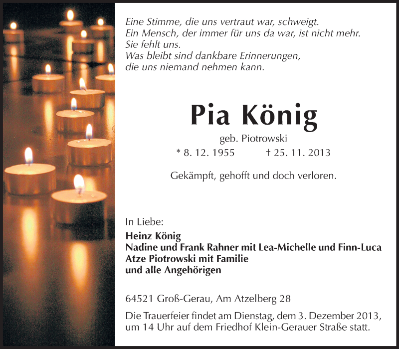  Traueranzeige für Pia König vom 28.11.2013 aus Rüsselsheimer Echo, Groß-Gerauer-Echo, Ried Echo