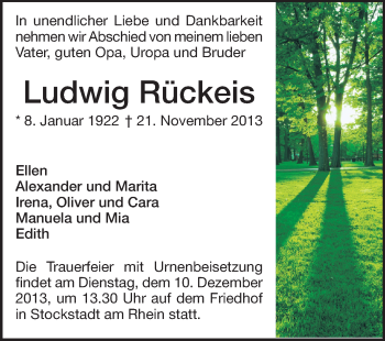 Traueranzeige von Ludwig Rückeis von Echo-Zeitungen (Gesamtausgabe)