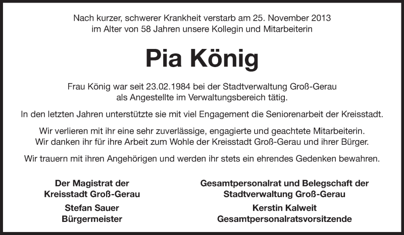  Traueranzeige für Pia König vom 28.11.2013 aus Rüsselsheimer Echo, Groß-Gerauer-Echo, Ried Echo