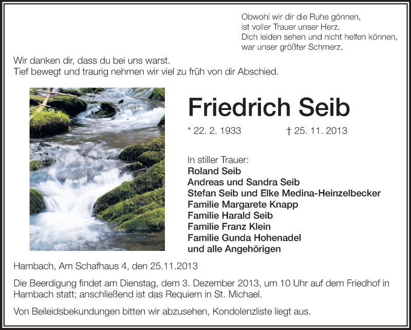  Traueranzeige für Friedrich Seib vom 29.11.2013 aus Starkenburger Echo