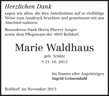 Traueranzeige von Marie Waldhaus von Echo-Zeitungen (Gesamtausgabe)