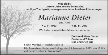 Traueranzeige von Marianne Dieter von Echo-Zeitungen (Gesamtausgabe)