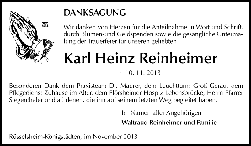  Traueranzeige für Karl Heinz Reinheimer vom 30.11.2013 aus Rüsselsheimer Echo, Groß-Gerauer-Echo, Ried Echo