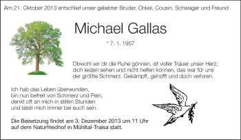 Traueranzeige von Michael Gallas von Darmstädter Echo, Odenwälder Echo, Rüsselsheimer Echo, Groß-Gerauer-Echo, Ried Echo